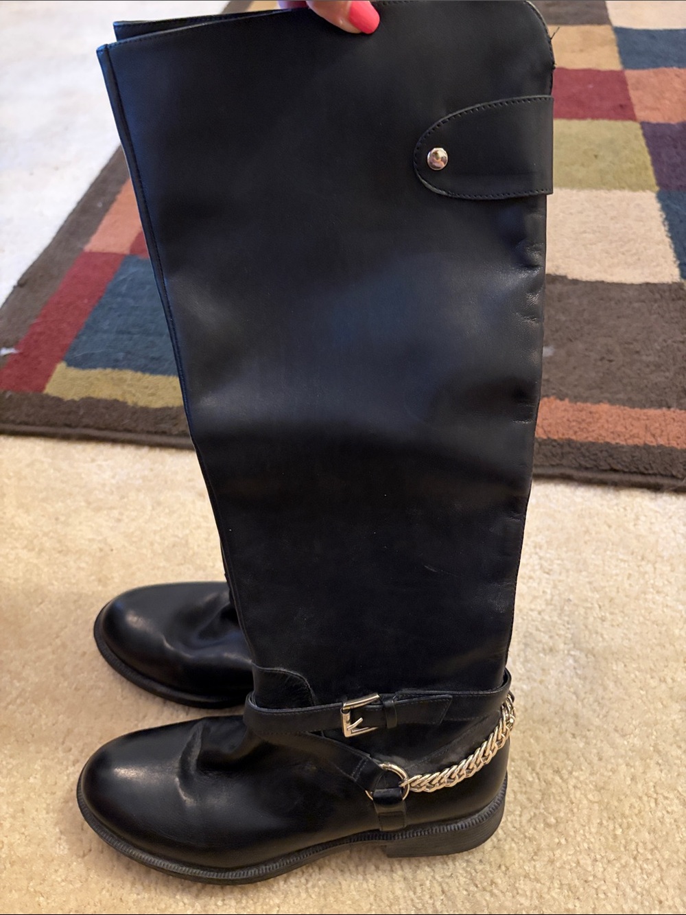 Enzo Angioluni Black Leather Knee-High Riding Boots with Chain Detail - Picture 4 of 8